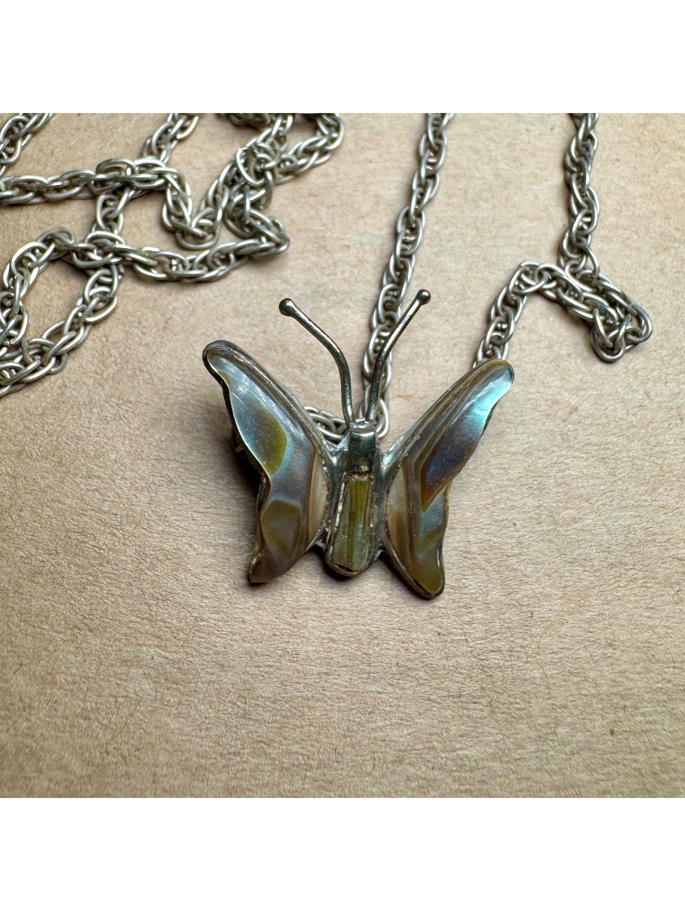Vintage Butterfly Pendant Necklace with Iridescent Wings on Silver Tone Chain
